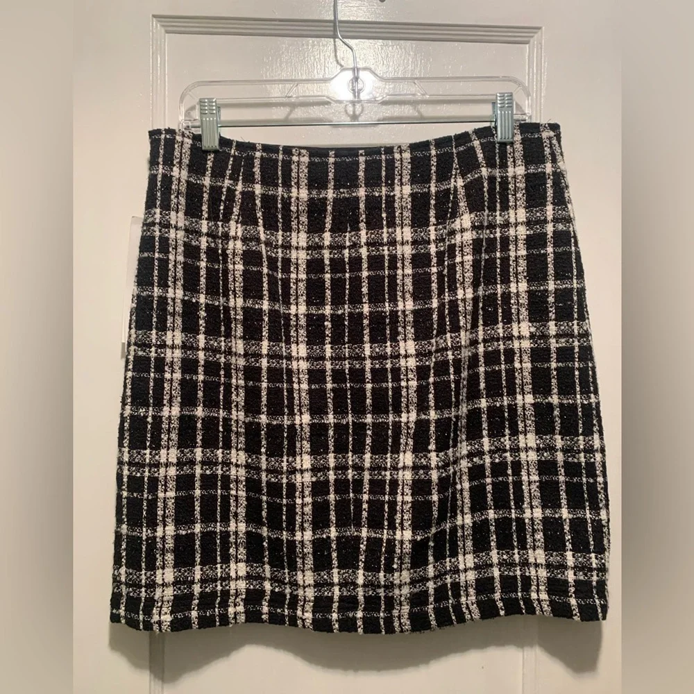 Calvin Klein NWT Black & White Plaid Tweed Metallic Sparkle Zipper Mini Skirt 6 - Picture 6 of 15